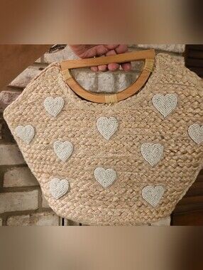Shiraleah Natural Straw Tote with White Beaded Hearts and Wooden Handles 15x10"